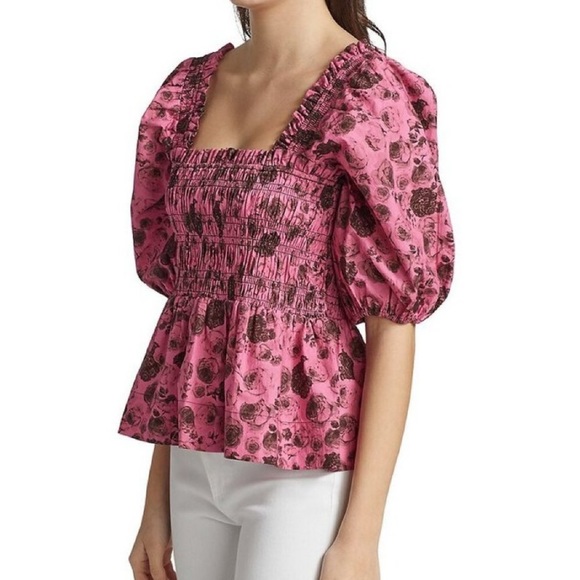 Ganni Floral Printed Pink Cotton Poplin Blouse - Picture 5 of 6